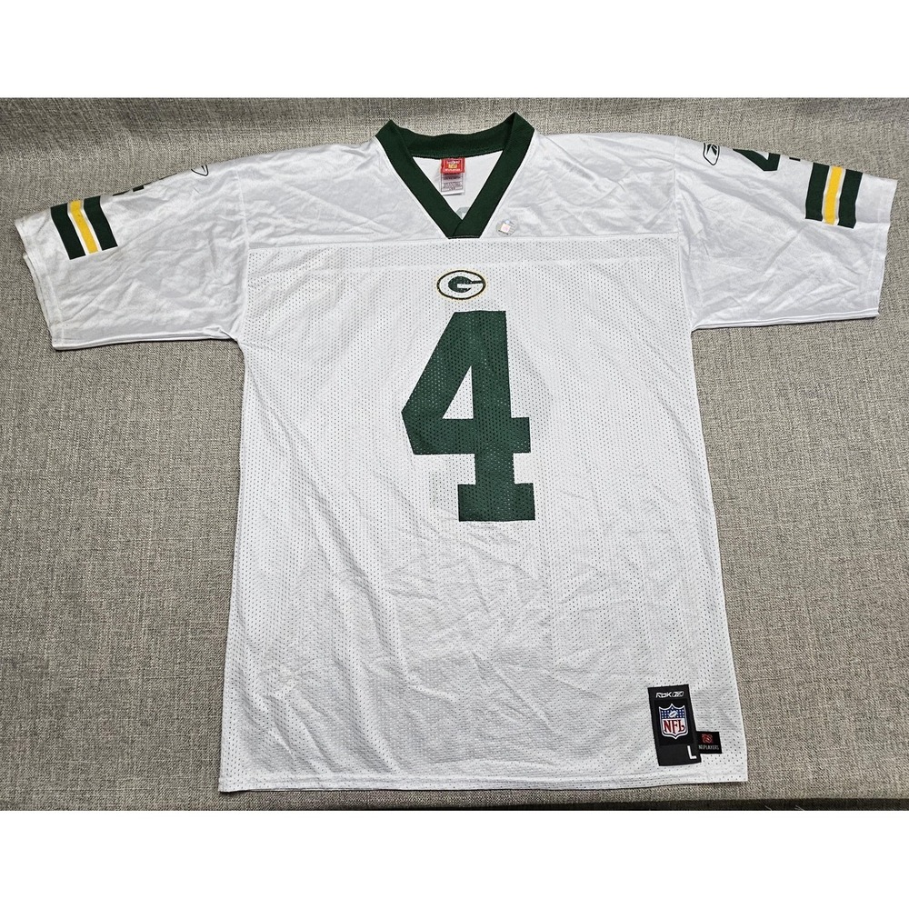 Green Bay Packers Jersey Mens Large White NFL‎ Football Reebok Favre 4 Throwback